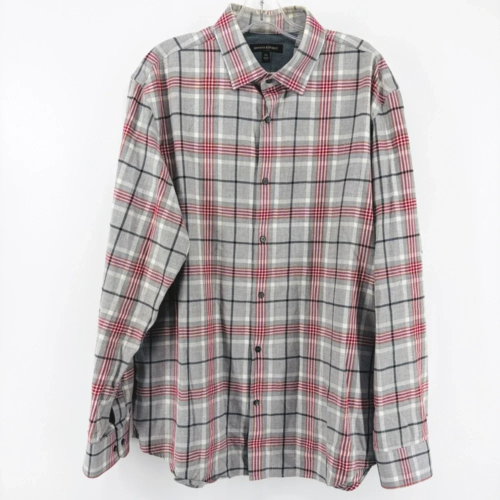 Banana Republic Shirt Mens XL Plaid Flannel Button Down Gray Red Long Sleeve
